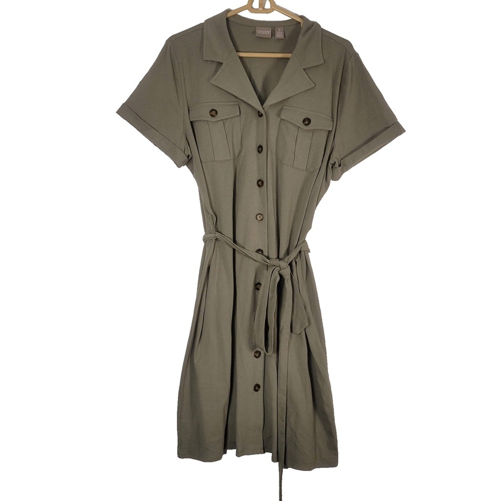 Chicos Dress Womens 3 Green Belted Button Front Shirt Dress Short Sleeve Pockets